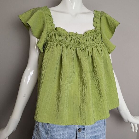 Mango women's top Peasant Texture blouse Green flowy ruffled S - Picture 2 of 7